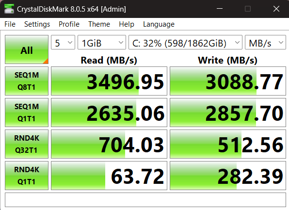 CrystalDiskMark results Bitlocker disabled